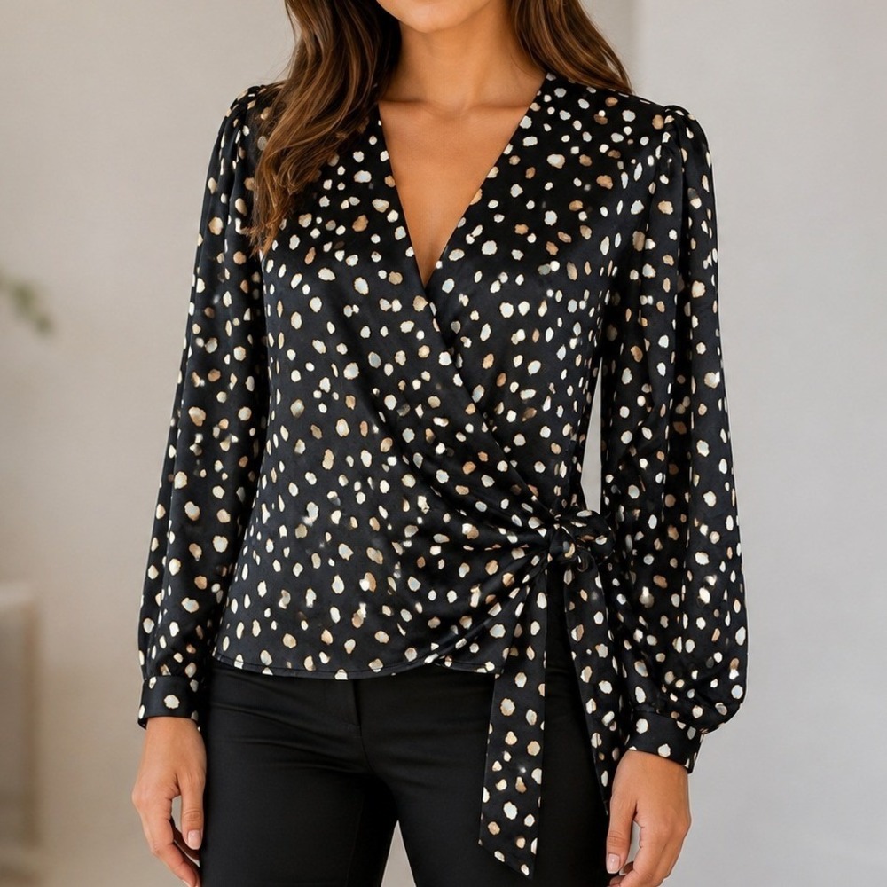 Ann Taylor Petite Polka Dot Wrap Blouse Black Tan V-Neck Long Sleeve XLP READ